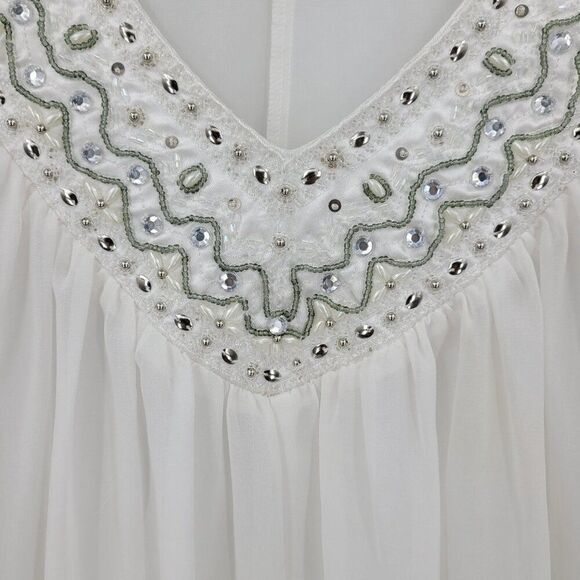 Retro White Blouse Sz M Silver Beaded Sheer Batwing Peasant Glam Pullover - Picture 2 of 9